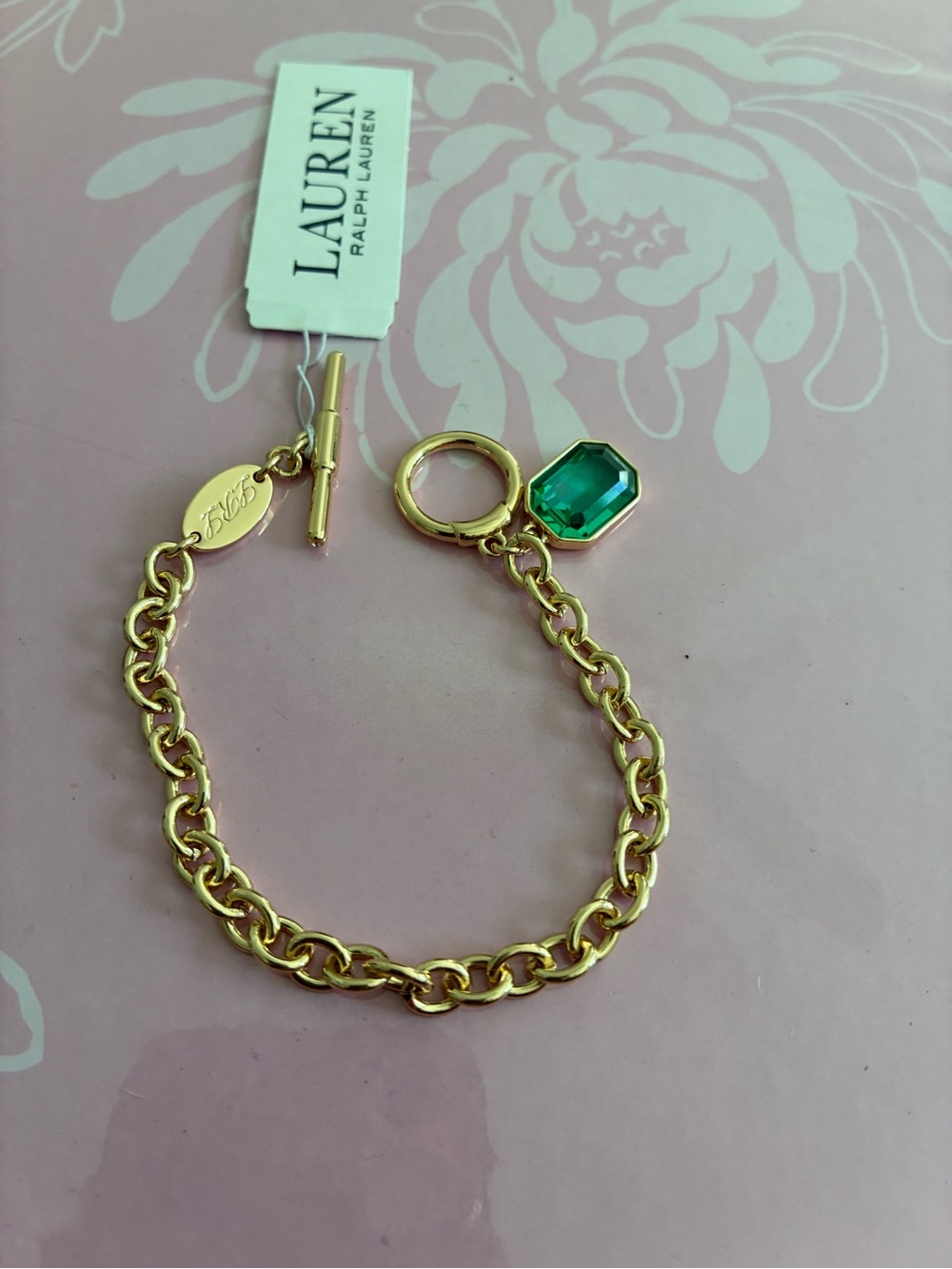 Ralph Lauren Gold Chain Bracelet with Emerald Green Charm